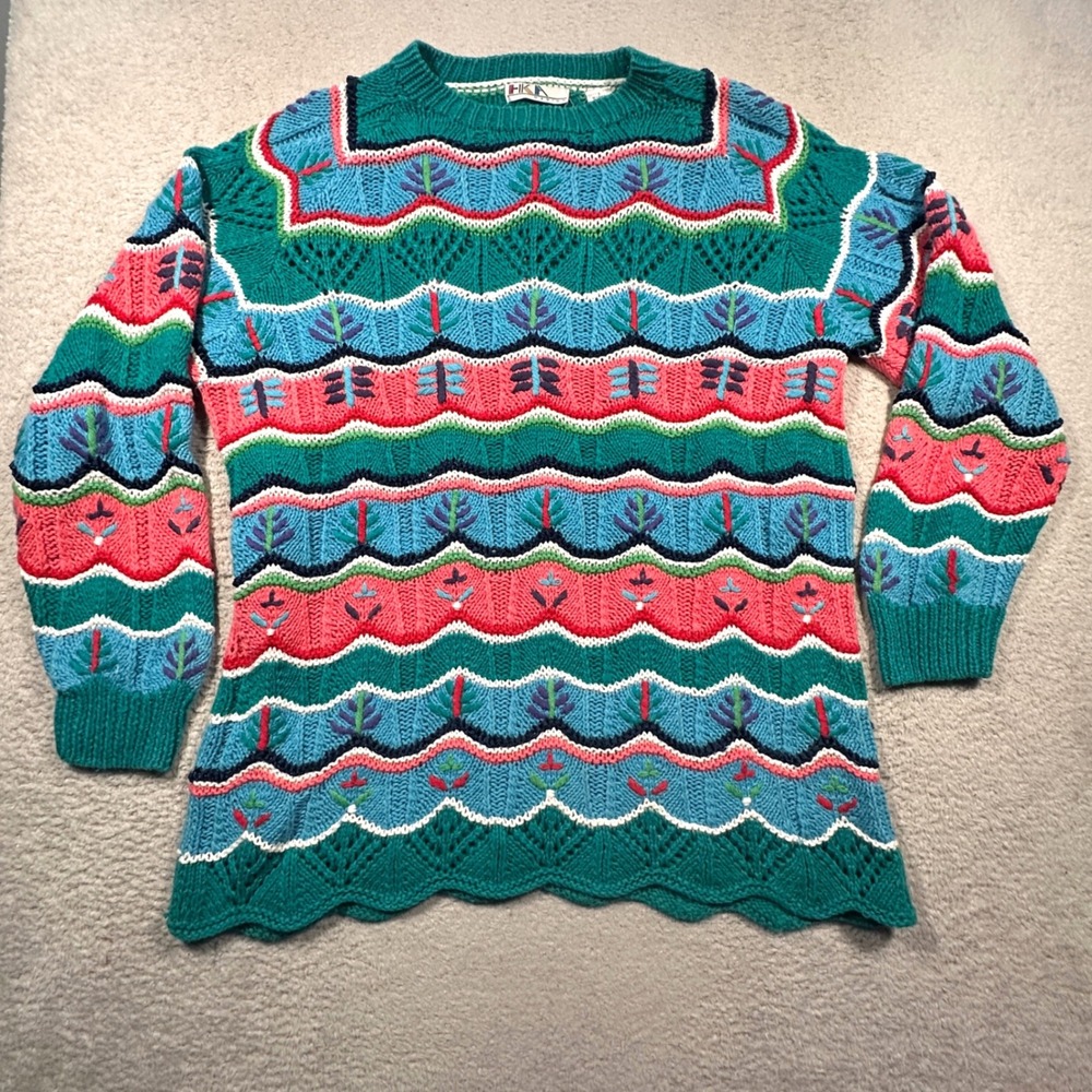 Vintage 90s HKA Design Sweater Womens L Teal Multi Embroidered Hand Knit Scallop